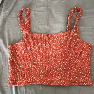 American Eagle AE Orange Ditsy Floral Crop Ribbed Tank Size L Large